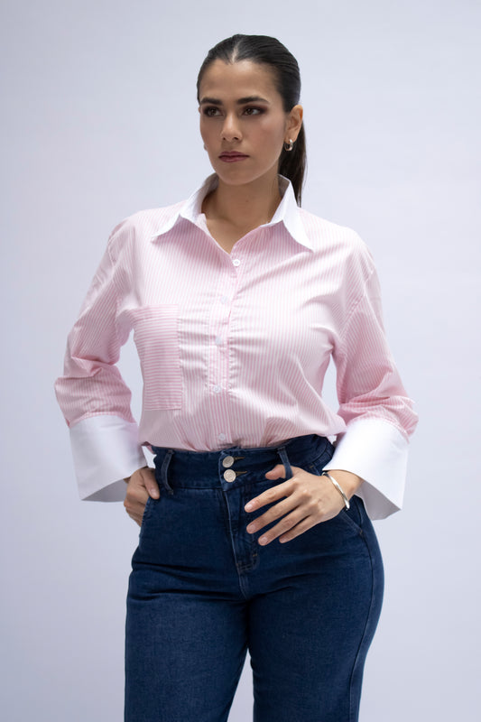 BLUSA RAYAS MANGA LARGA ROSADO