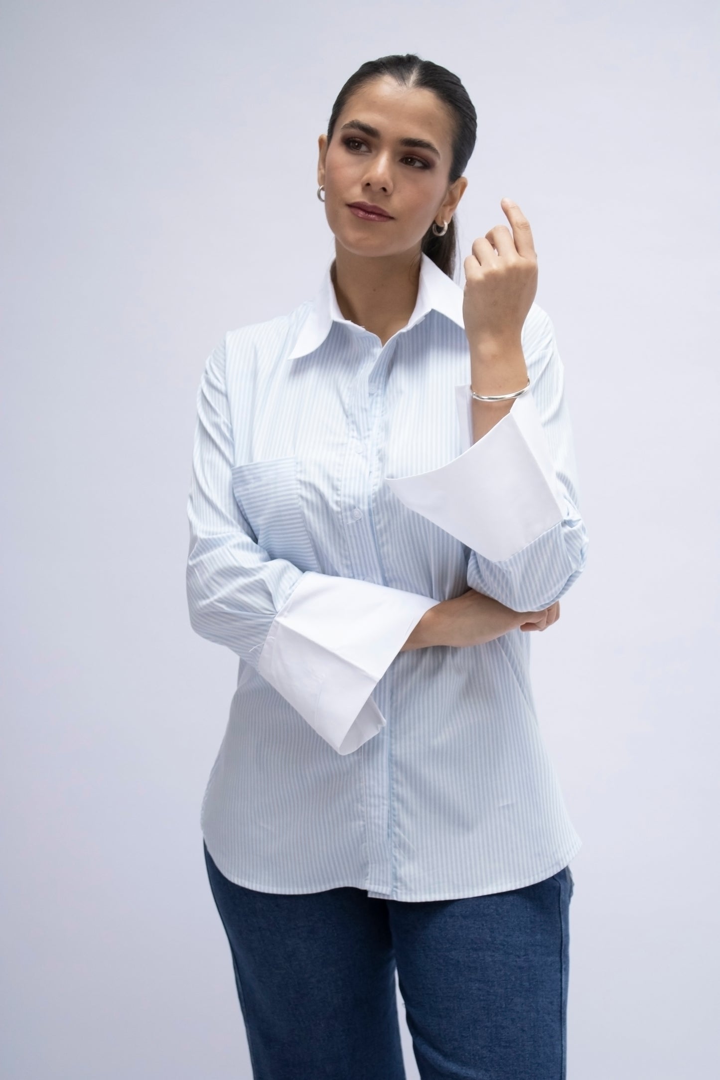 BLUSA RAYAS MANGA LARGA CELESTE