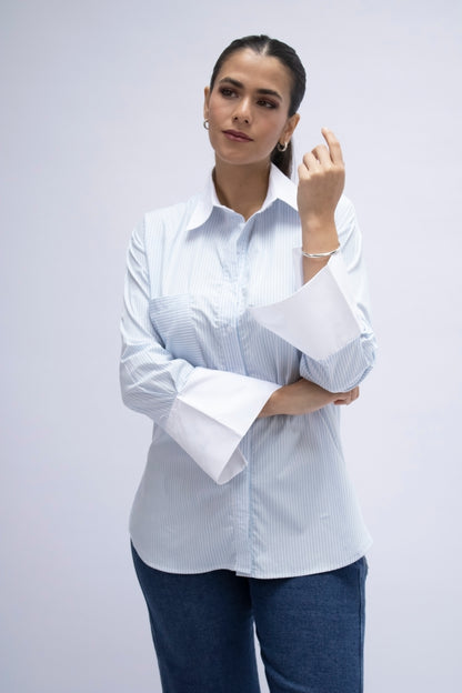 BLUSA RAYAS MANGA LARGA CELESTE