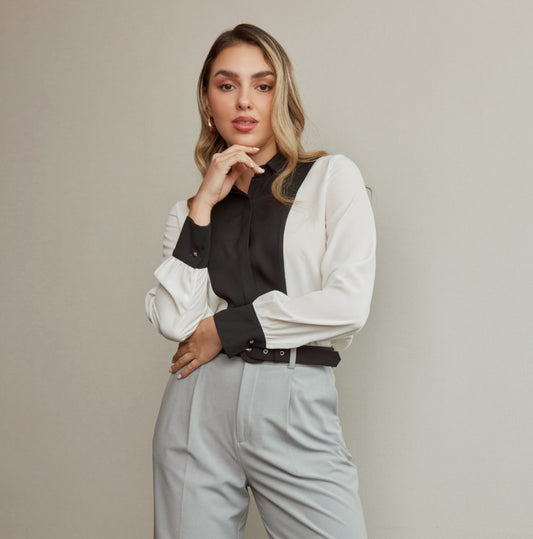 CAMISA BICOLOR NEGRO/PERLA