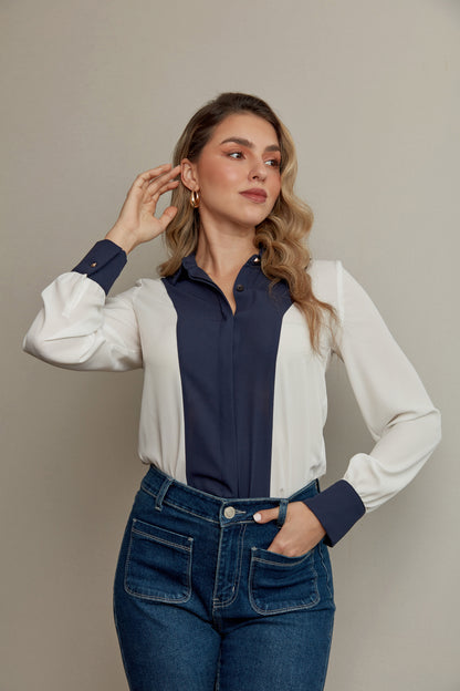 BLUSA BICOLOR AZUL CON BLANCO