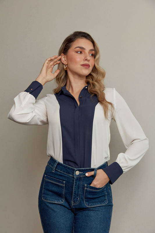 BLUSA BICOLOR AZUL CON BLANCO