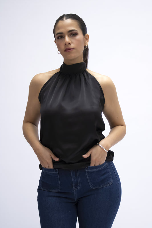BLUSA HALTER SATINADO NEGRO